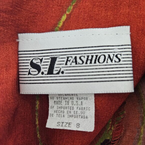 Vintage S.L. Fashions Womens Orange Floral Midi Dress Size 8 Side Buttons Casual - Picture 10 of 10